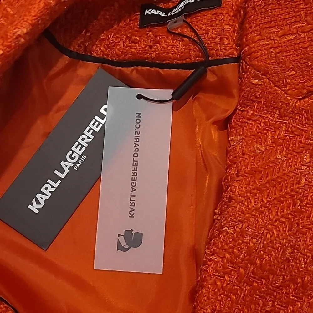NWT KARL LAGERFELD PARIS ORANGE TWEED DOUBLE BREASTED BLAZER - Picture 12 of 14